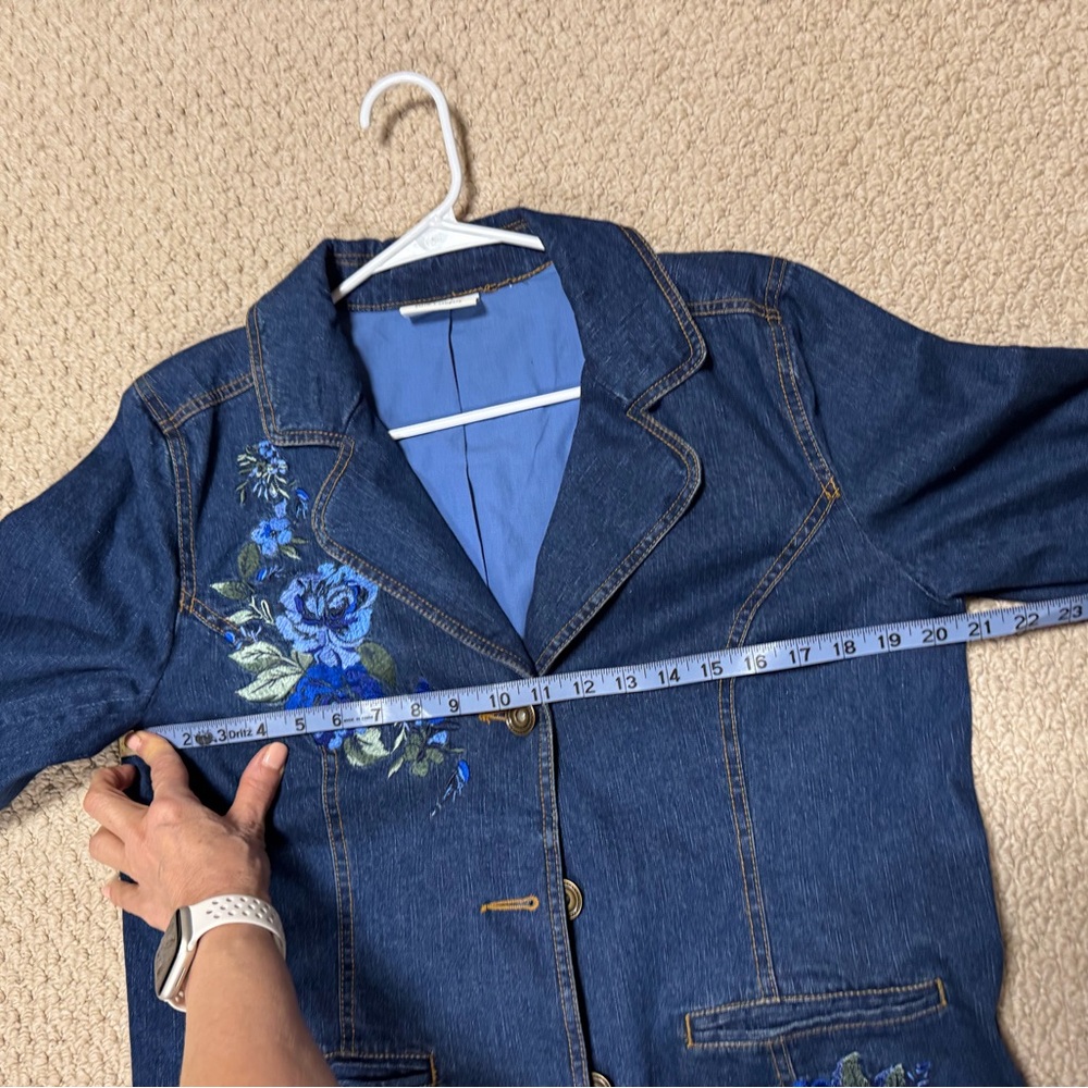 Denim&Co Vintage Denim Blazer Jacket with Floral Embroidery, L - Picture 8 of 10